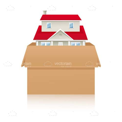Cardboard Box with a Red Roofed House Inside